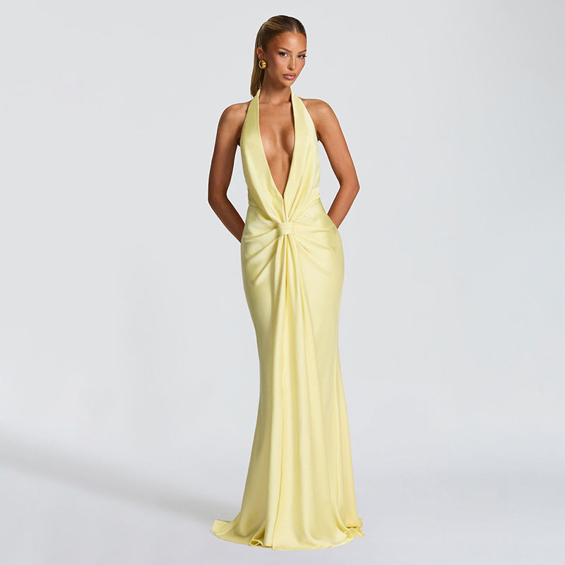 Autumn Winter Women Solid Color Deep V Plunge neck Halter Ribbon Pleated Sexy Backless Elegant Dress for Women - Elizacollective