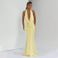 Autumn Winter Women Solid Color Deep V Plunge neck Halter Ribbon Pleated Sexy Backless Elegant Dress for Women - Elizacollective
