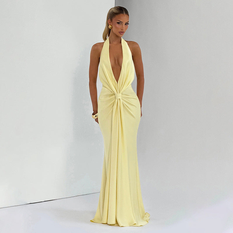 Autumn Winter Women Solid Color Deep V Plunge neck Halter Ribbon Pleated Sexy Backless Elegant Dress for Women - Elizacollective